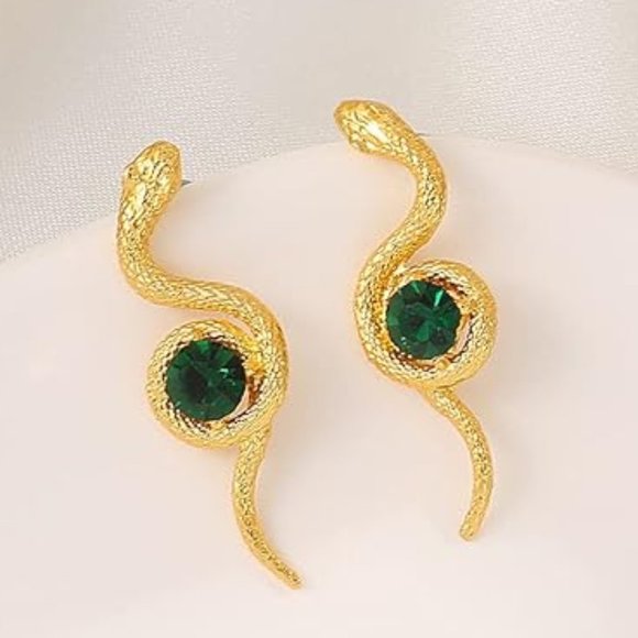 Gold Coiled Snake Green Stone Earrings 3D Snakes Modern Nature Boho Post New - Picture 2 of 7